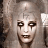 A static image of a pale figure with long hair, dark eye makeup, and a symbol on the forehead, overlaid with text.