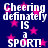 Dark blue background with pink stars and repeated white text reading "Cheering definately IS a SPORT!" in pixelated font.