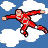 Pixelated animation of a red-suited figure in mid-air against blue sky with white clouds, repeated