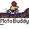 Pixel art animation of a character riding a motorcycle across terrain with repeated text labels below each frame.