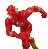A pixelated red figure in a dynamic pose with arms extended, wearing a full-body suit and helmet against a solid gray background.