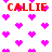 Red text 'CALLIE' appears four times on a white background with scattered pink pixelated hearts, each heart rendered in 8-bit style.