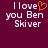 Pixelated text reads 'I love you Ben Skiver' with an orange heart symbol replacing the word 'love', displayed on a dark purple background.