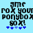 Pixelated text and symbols on light blue background with blue and purple star-like shapes below.