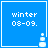Blue square icon with white text 'winter 03-09.' and a small snowman graphic in the bottom-right corner.