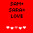 Red background displays black text 'SAM+ SARA= LOVE' with pixelated hearts below; hearts shift position between frames.