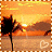 Pixelated sunset scene with silhouetted tree, orange-yellow sky, and white heart symbol on sandy ground.