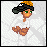 Pixelated character with green eyes, black hair, and orange hair accessory, wearing white shirt and brown patterned pants, standing against light gray background.