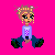 Pixelated character with blonde hair and purple shirt against bright pink background.