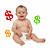 A pixelated baby in a diaper surrounded by three dollar signs on a white background, next to green text reading "Original Icons .com" on a dark green background.
