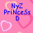 Pixelated pink background with blue text reading 'Nyz Princess D' and three heart outlines in light pink, white, and darker pink.