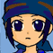 Pixelated anime-style character with dark blue hair and large eyes shown in multiple poses against a light blue background.