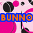 Pixelated pink background with black and pink circular shapes, blue rectangle with orange text "BUNNO" overlaid.