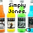 Pixelated image of four bottle-shaped icons with colored liquid, overlaid text "Simply Jones.", and a small "03" in the bottom right.
