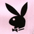 Black silhouette of a rabbit with long ears and a bow tie on pink background, next to pixelated pink lips forming a kiss shape.