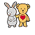 Pixelated icon of a white rabbit and yellow teddy bear standing side-by-side, the bear holding the rabbit's arm with a red heart on its chest.
