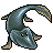 Pixel art of a dark green fish-like creature with light blue highlights, arched body, four fins, and two white eyes on a gray background.