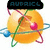 Pixelated atomic model icon with orbiting electrons and a central nucleus, displaying text overlays in different positions across frames.