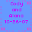 Blue background with pink text and decorative elements arranged in a pattern