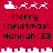 Red pixel art icon with white Santa sleigh and reindeer, black text reading 'Merry Christmas!! Hannah<33', and white cityscape elements.