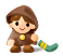 Pixelated character in brown hooded outfit with yellow chest emblem, holding green and yellow curved prop; two variations show differing mouth shapes.