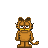 Pixelated orange cat with black stripes, standing upright on two legs, white eyes with black pupils, pink nose, yellow mouth, brown tail with black stripes, gray background.
