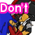 Pixelated character in black and red outfit with blue background, text overlays change across frames.