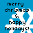 Blue background with white snowflake and black text reading "merry christmas & happy holidays!" in pixelated font.