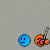 Blue and orange circular faces with neutral expressions appear in gray and black backgrounds, some holding orange objects with silver handles.