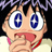 Pixelated anime-style character face with large blue eyes, pink cheeks, and a red mouth, set against a dark background with purple hair strands visible at the top.