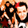 Animated sequence showing a group of people in black shirts with red star backgrounds, transitioning to text overlays reading 'good charlotte' on pink patterns.