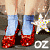 A 2x2 contact sheet of four animated frames showing a character's lower legs and feet in red shoes with blue socks, each frame featuring a white star symbol and the text "OZ" below.