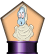 Two side-by-side pixel art frames of a character with blue skin, pink cheeks, and white hair inside an orange pentagonal frame with purple base.