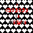 A static pixel art image with a black and white heart pattern background, red text elements arranged in two mirrored vertical