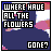 Pixelated text reads "WHERE HAVE ALL THE FLOWERS GONE?" with a blue background and pink floral shapes, bordered by black, red, and blue frames.