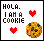 Pixelated graphic with text 'HOLA. I AM A COOKIE' and two red heart icons next to a chocolate chip cookie image.