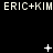 Pixelated text 'ERIC+KIM' repeated three times per on black background with animated white symbols above each