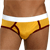Pixelated close-up of a person wearing yellow briefs with white waistband and dark brown trim, cropped at the waist and upper thighs.