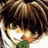 Anime-style character with brown hair and bangs, holding a green object near the mouth, next to black background with white text.