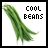 Two side-by-side pixelated images of green bean pods with text reading 'COOL BEANS', where the first image has black text and the second has light green text.