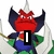 A pixelated character with red face, dark blue wings, and green clothing holds a sword; text overlays change across frames.