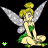 Pixelated fairy with blonde hair in a bun, green dress, and silver wings sits cross-legged on black background with small green and white symbols.