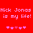 Red background with repeated pink pixelated text 'Nick Jonas is my life! is my life!' and two of five pink heart symbols each