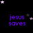 Purple text 'jesus saves' repeated across a black background with scattered white and gray stars, some of which shift position between frames.
