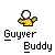 Pixel art icon of a yellow-shirted figure with a white spherical head, arms outstretched, surrounded by floating purple shapes, with text below.