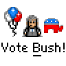 A 6-frame animated contact sheet showing a pixel art character with gray hair, blue tie, and red Republican elephant symbol holding balloons while text changes between frames.