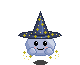Pixelated character with blue body, black eyes, pink cheeks, and dark blue wizard hat with yellow stars floats above gray background with small shadow.