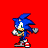 Blue anthropomorphic hedgehog with green eyes and red shoes stands against solid red background in multiple pixelated poses.