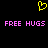 Yellow pixelated heart symbol above pink text reading 'FREE HUGS' repeated twice on a black background.
