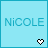 Two side-by-side pixelated display the name 'NICOLE' with a heart symbol below, one showing blue text and white heart, the other white text and blue heart